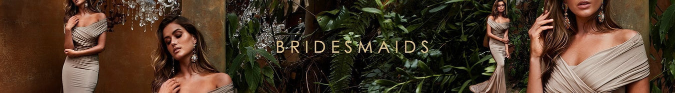 Alamour The Label Bridesmaid Dresses Banner with woman wearing a champagne bronze off shoulder gown in front a green leafy backdrop