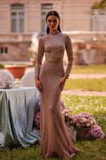 Heather Rose Gold Pink Sequin High Neck Long Sleeve Gown