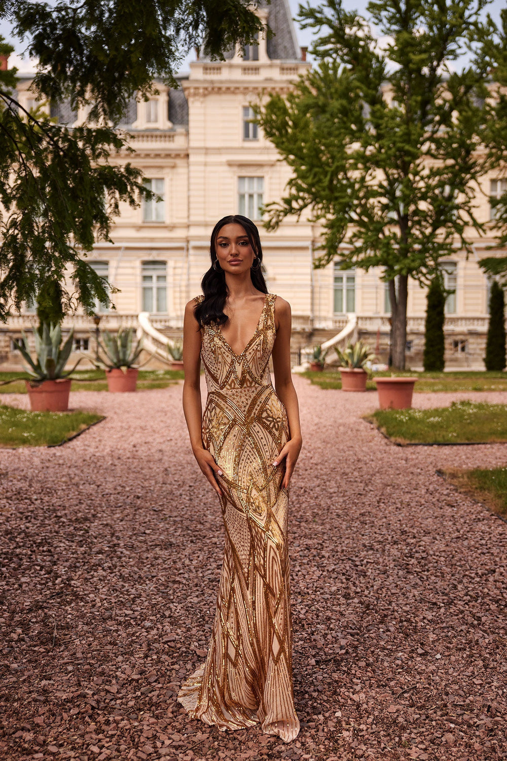 Luan Sequins V-Neckline Mermaid Gown Gold Alamour The Label Luan Sequins V-Neckline Mermaid Gown Gold Alamour The Label