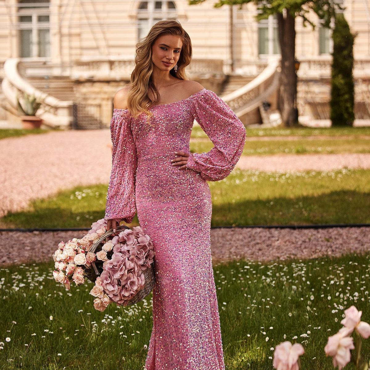 pink off the shoulder sequin dress Madison Off Shoulder Sequins Pink Gown