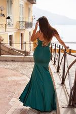 Battisa - Emerald Satin Bustier Gown with Side Slit