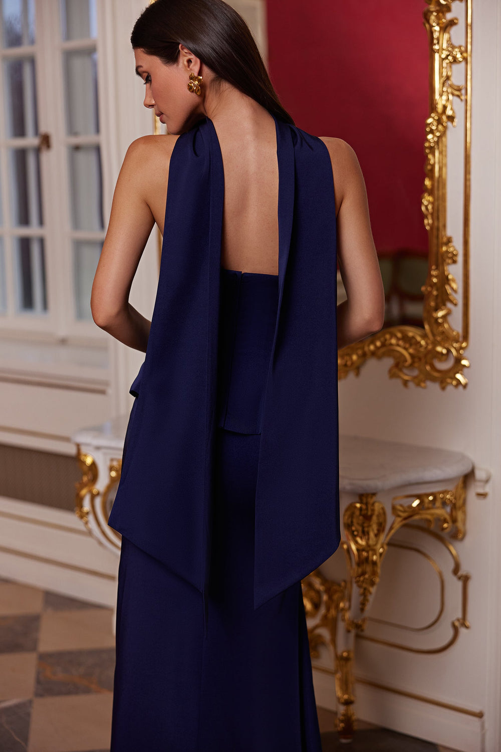 navy blue dress with neck scarf Lael Navy Pleated Strapless Dress and Scarf Set