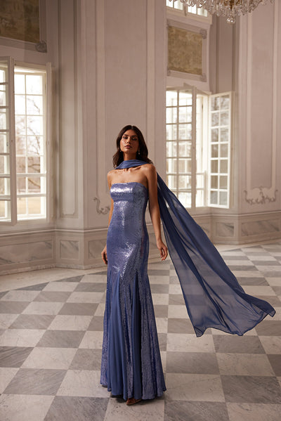 Reiss Strapless Sequins Maxi & Chiffon Scarf Alamour Made-To-Order Reiss Strapless Sequins Maxi & Chiffon Scarf