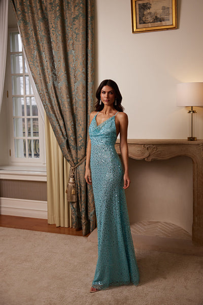Rosalie Cowl Neck Beaded Maxi Gown Alamour Made-To-Order Rosalie Cowl Neck Beaded Maxi Gown