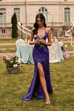 Natalie Purple Velvet Sequin Cut-Out Gown