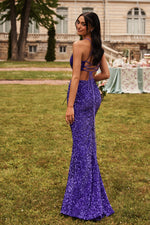 Natalie Purple Velvet Sequin Cut-Out Gown