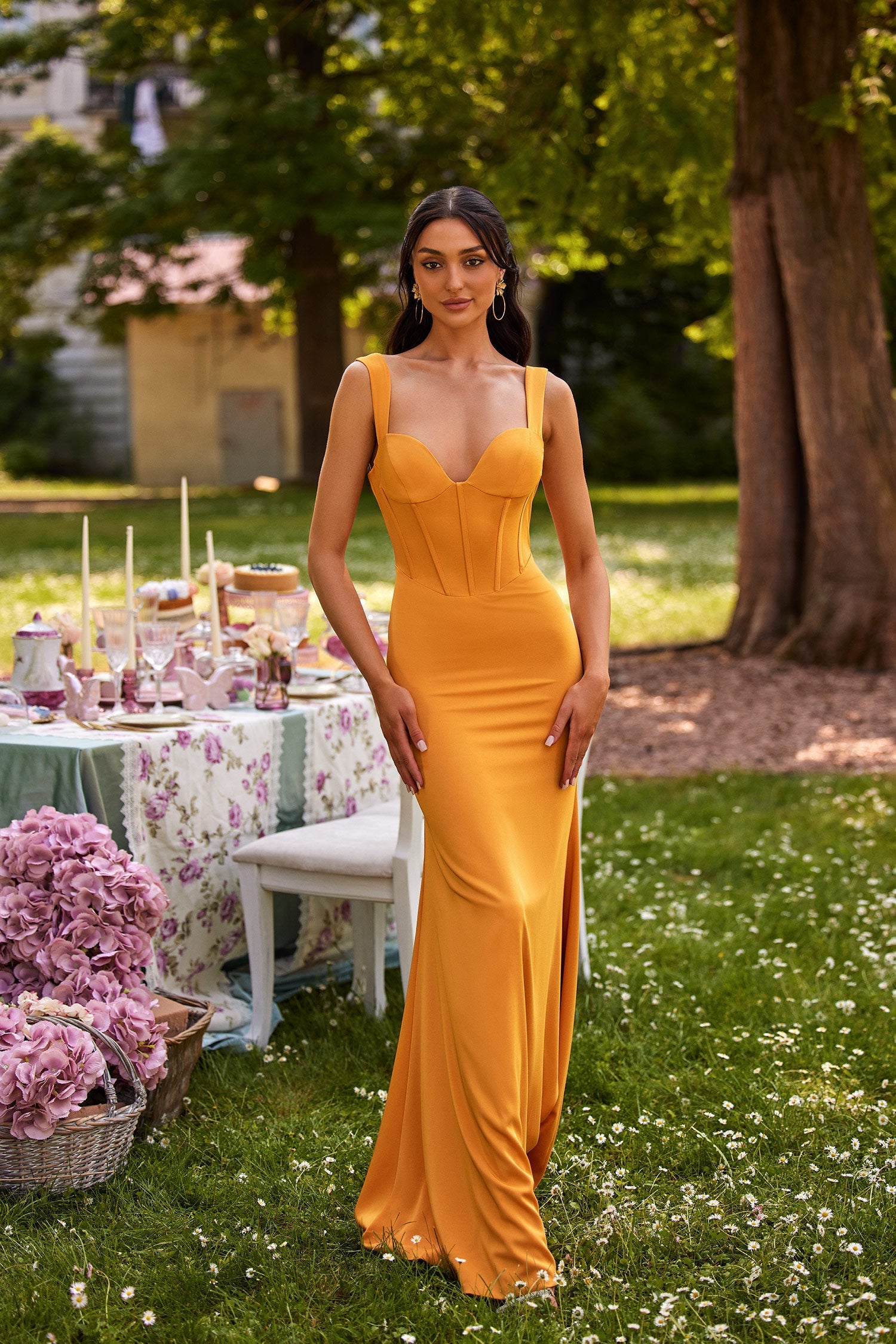 alamour the label orange dress Livnia Satin Gown