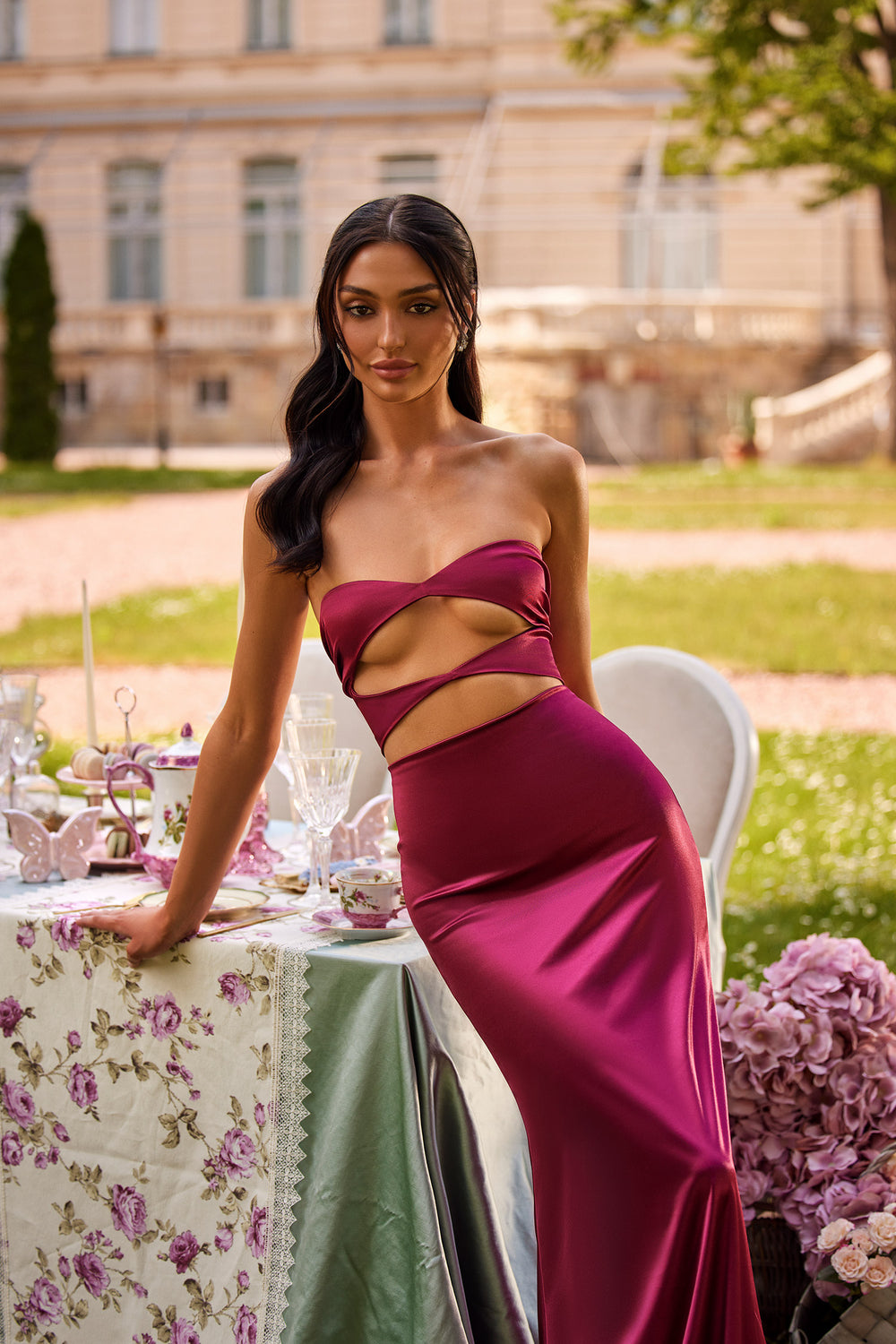 Sarah Burgundy Satin Strapless Cut-Out Gown