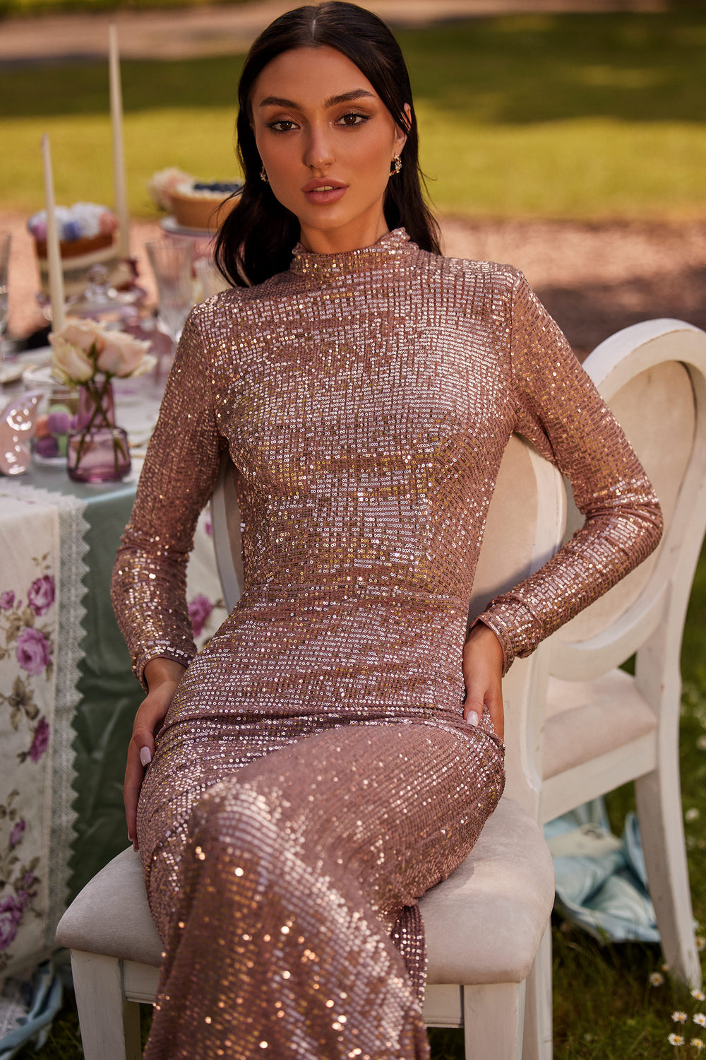 Heather Rose Gold Pink Sequin High Neck Long Sleeve Gown