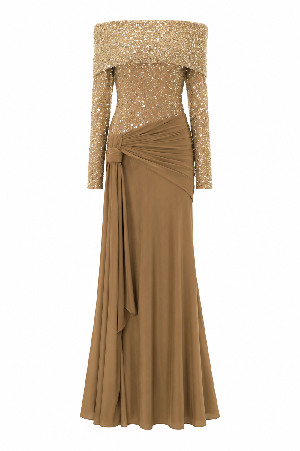Meena Long Sleeve Off-Shoulder Gold Gown