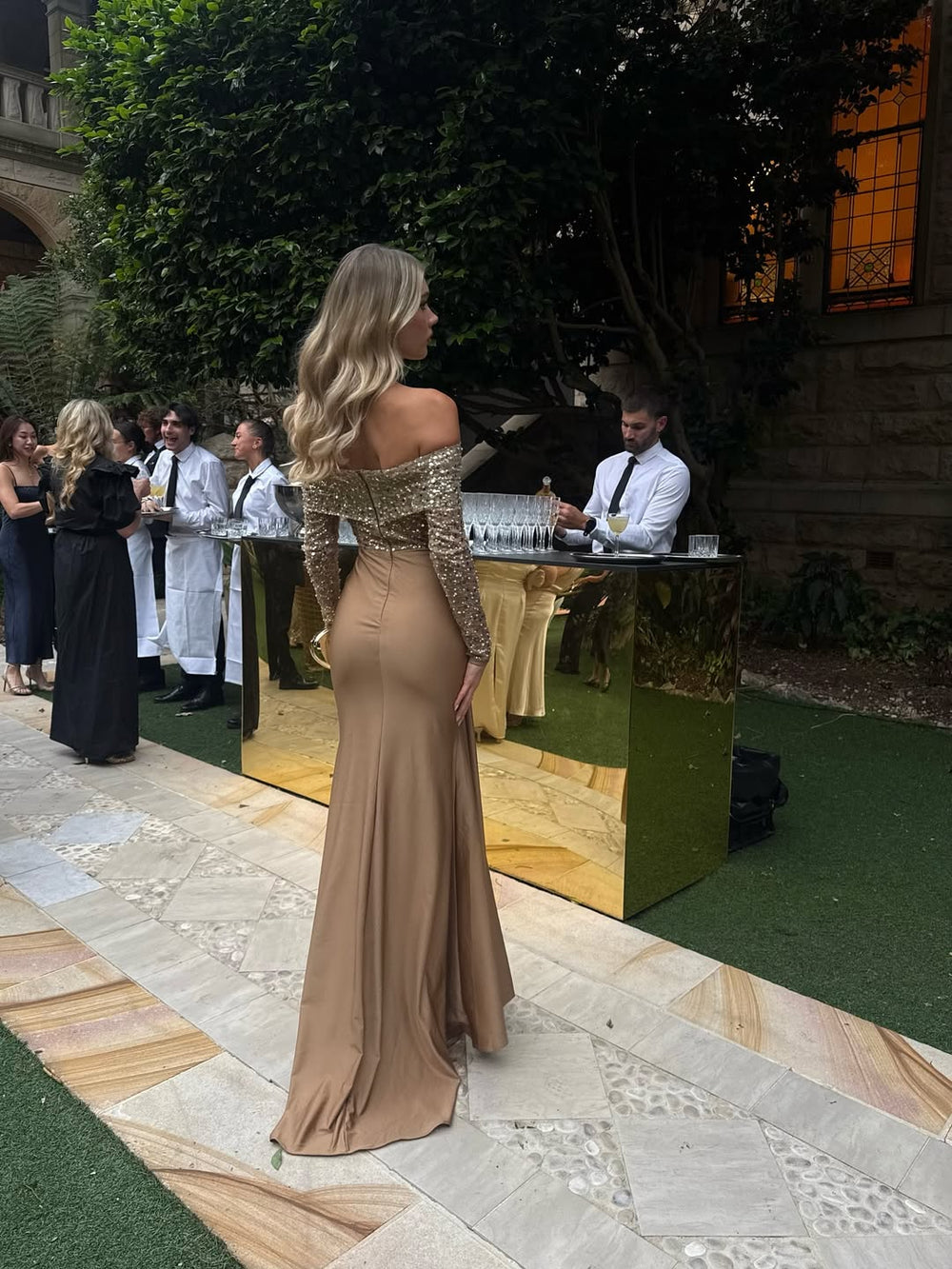 Meena Long Sleeve Off-Shoulder Gold Gown