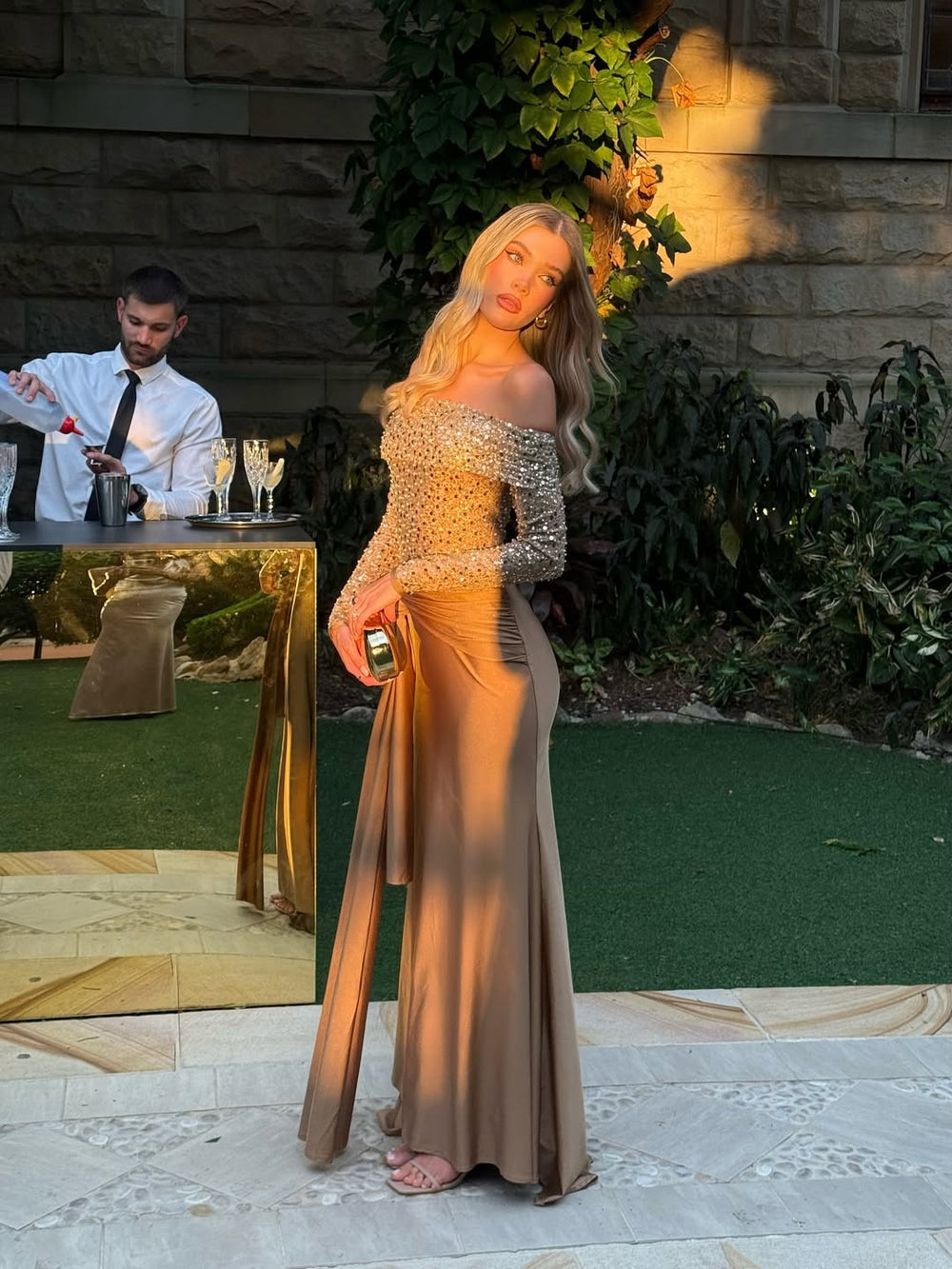 Meena Long Sleeve Off-Shoulder Gold Gown