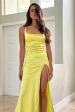 Alivia - Lime  Satin Gown with Cowl Neckline, Side Slit and Lace-Up Back