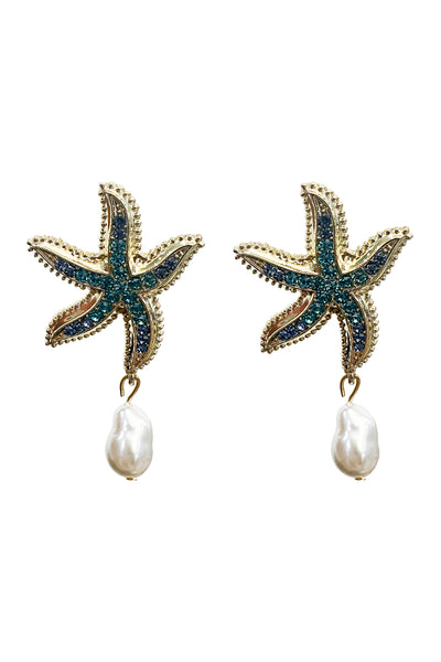 Gold starfish earrings adorned with blue diamantes and featuring a delicate pearl drop - a captivating blend of elegance and coastal charm for a stylish accessory.