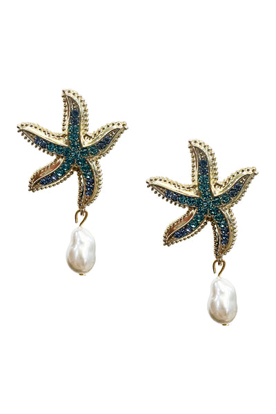 Gold starfish earrings adorned with blue diamantes and featuring a delicate pearl drop - a captivating blend of elegance and coastal charm for a stylish accessory.