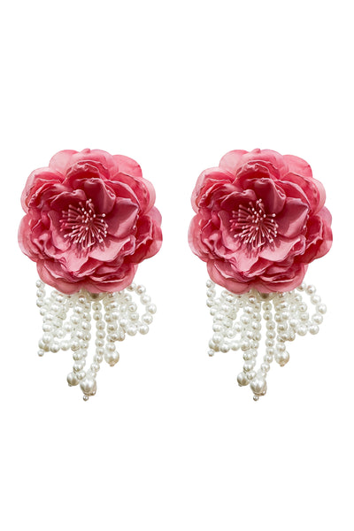 Pink flower statement earrings with a captivating design, complemented by cascading pearl drops for a touch of elegance and sophistication.