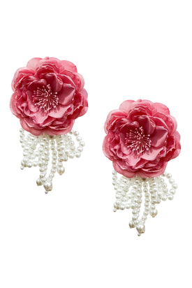 Pink flower statement earrings with a captivating design, complemented by cascading pearl drops for a touch of elegance and sophistication.