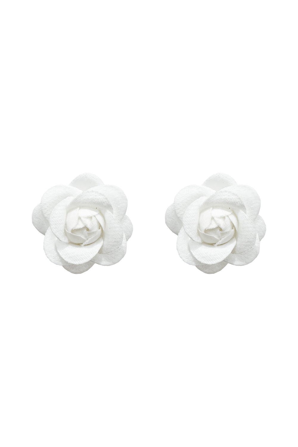 White fabric rose flower studs - charming earrings crafted from delicate fabric, showcasing an elegant rose design for a timeless and feminine accessory.