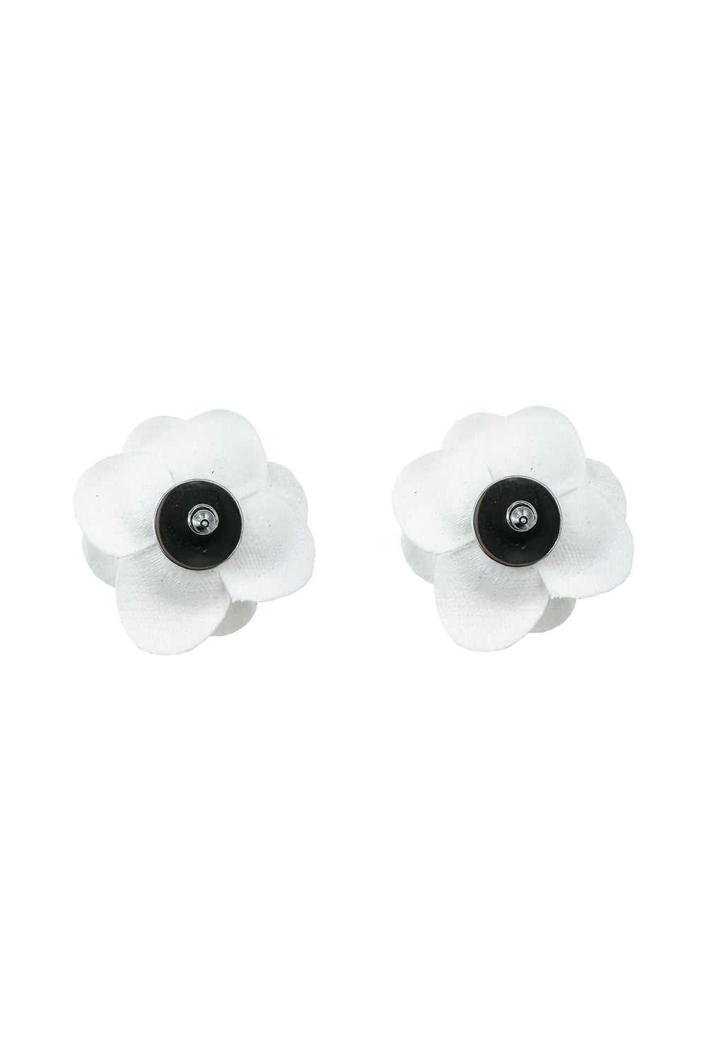 Reverse side of white fabric rose flower studs, highlighting the craftsmanship and providing a glimpse of the secure backing. Elevate your style with these timeless and elegant earrings.