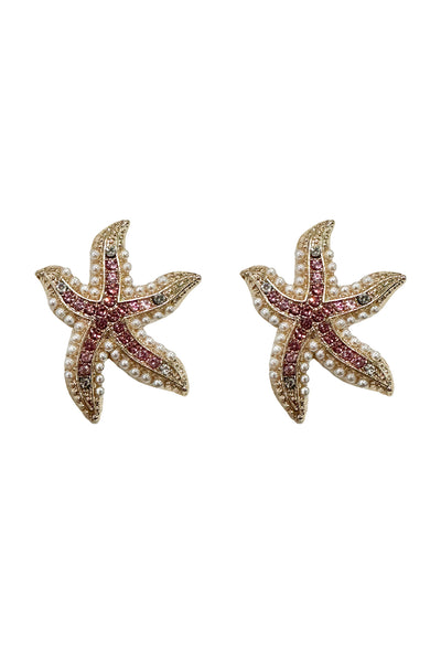 Pink diamante-encrusted starfish earrings adorned with lustrous pearls, combining elegance and glamour for a captivating accessory