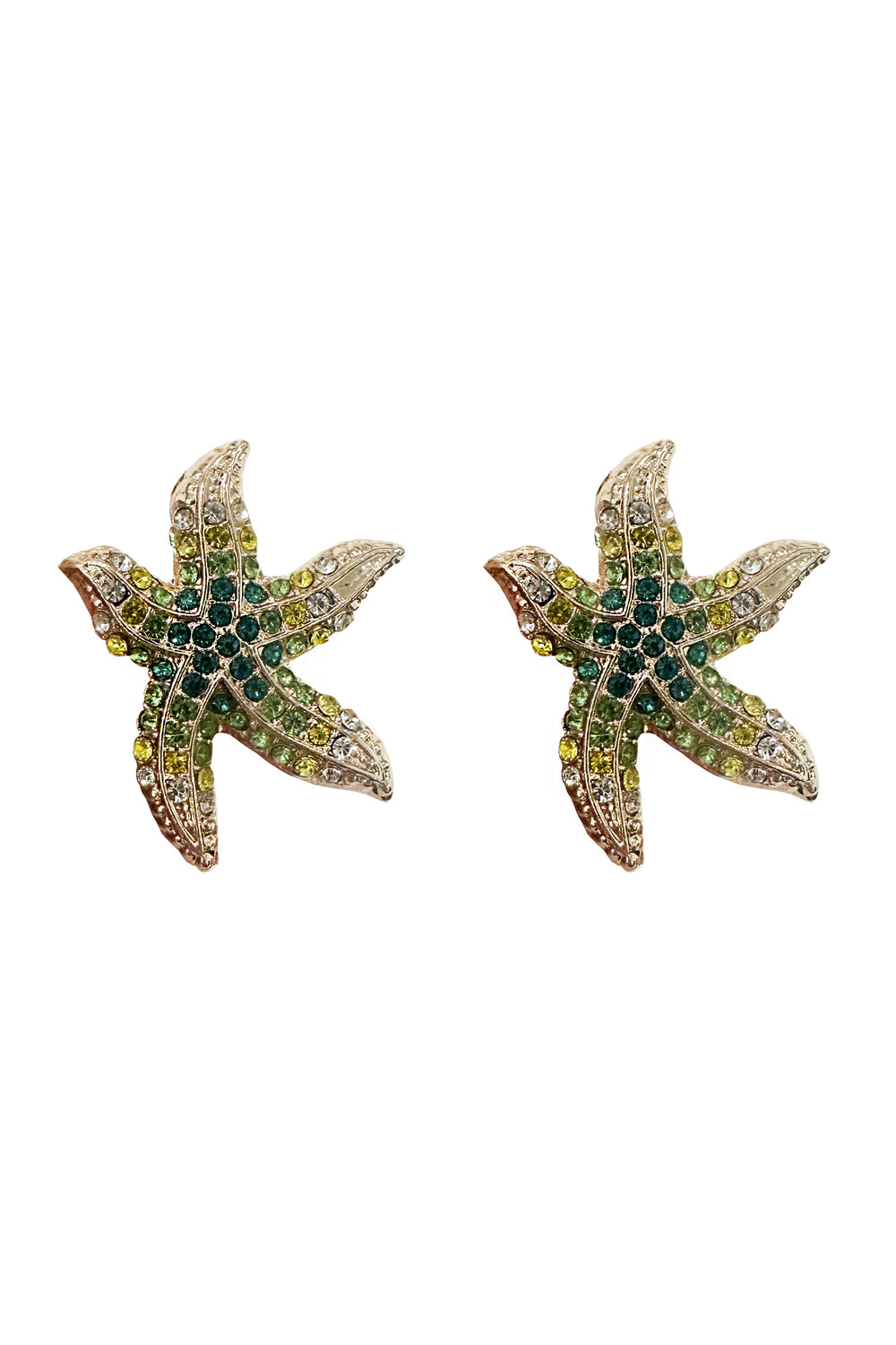 Blue, green and yellow diamante-encrusted starfish earrings adorned with lustrous pearls, combining elegance and glamour for a captivating accessory.