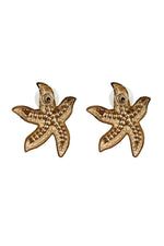 Reverse side of blue, green and yellow diamante-encrusted starfish earrings adorned with lustrous pearls, combining elegance and glamour for a captivating accessory.