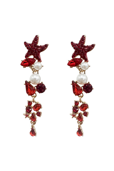 Red starfish-shaped earrings with sparkling diamante centre and delicate pearl drops