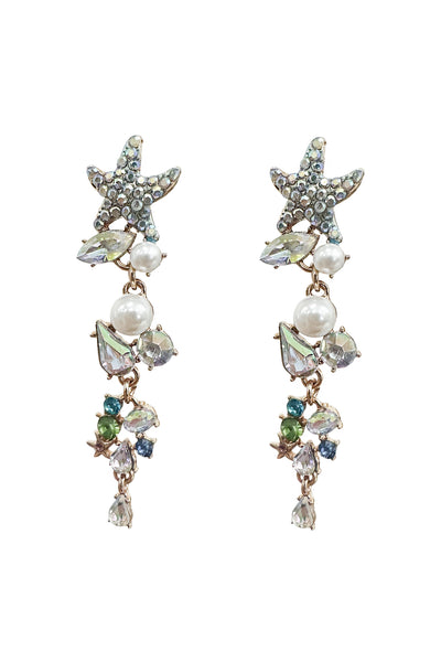 Starfish-shaped earrings in shades of blue, green, and white, featuring a diamante center and delicate pearl drops for a stunning and elegant accessory