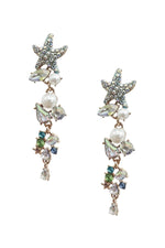 Starfish-shaped earrings in shades of blue, green, and white, featuring a diamante center and delicate pearl drops for a stunning and elegant accessory