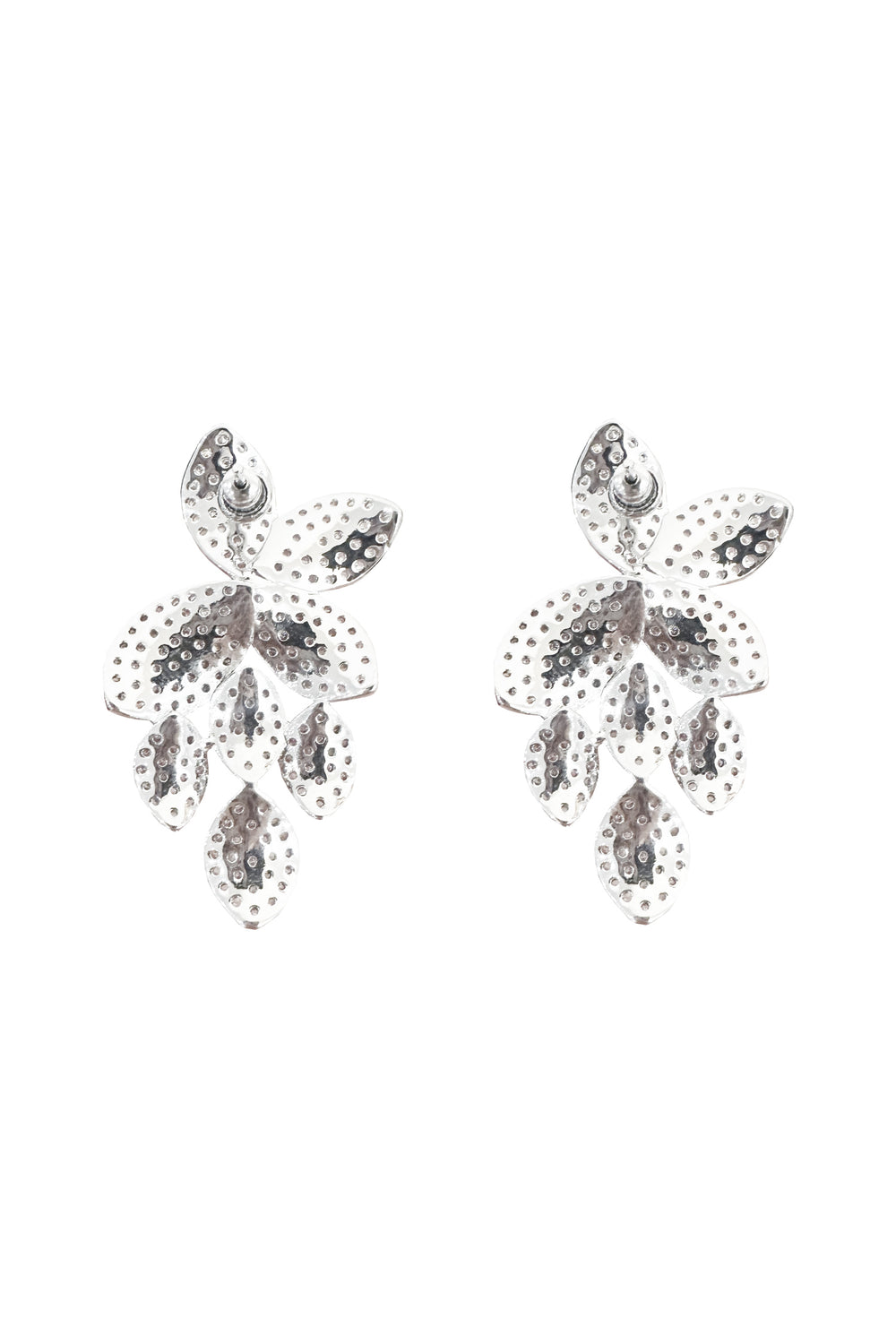 Reverse view of silver flower earrings encrusted with diamantes, revealing a polished finish and meticulous craftsmanship. Elevate your look with this glamorous and versatile accessory.