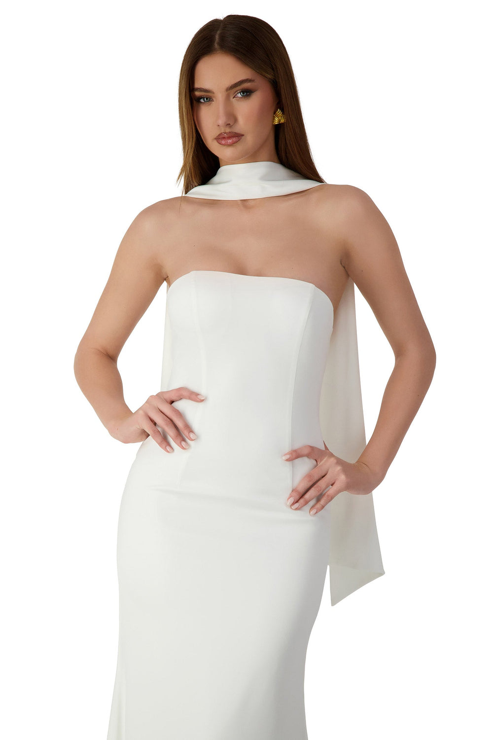 Elinor Strapless Mermaid Gown with Scarf White Elinor Strapless Mermaid Gown with Scarf White