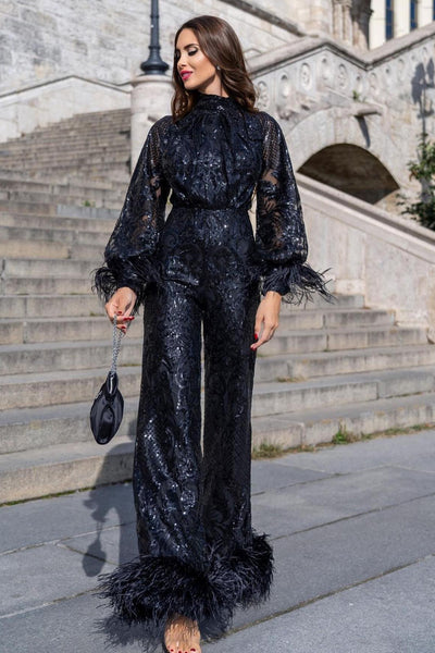 Jessalyn - Black Sequin Jumpsuit with Feathered Cuffs