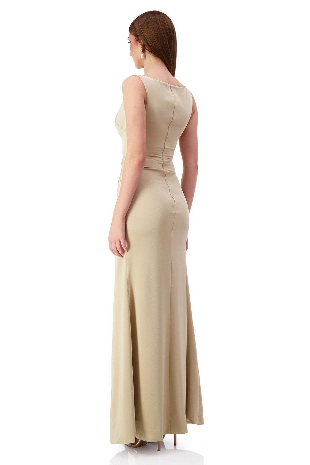 Kehlani Boat Neck Knot Slit Beige Gown Alamour The Label Kehlani Boat Neck Knot Slit Beige Gown Alamour The Label