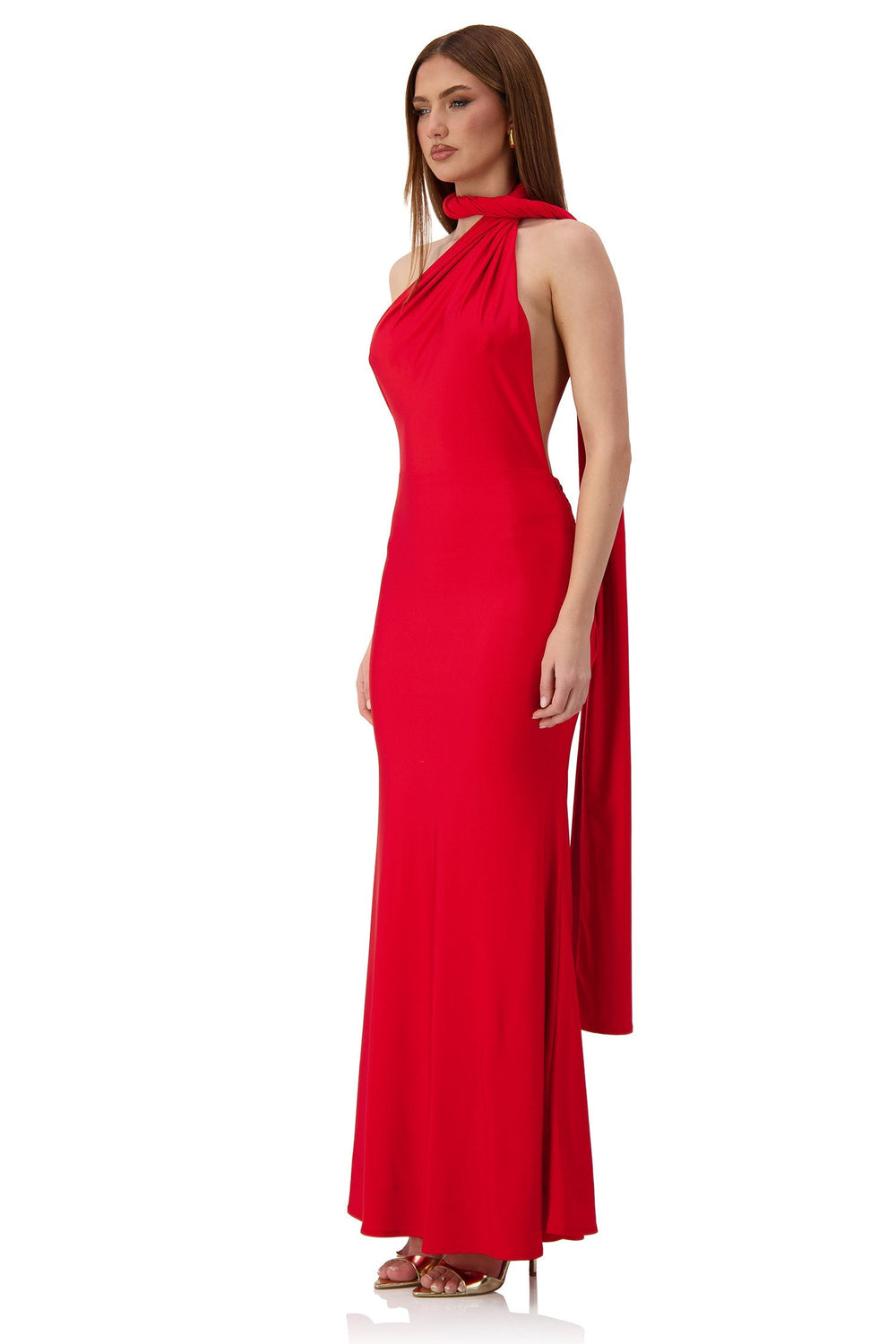 Miley One Shoulder Scarf Jersey Red Gown Alamour The Label Miley One Shoulder Scarf Jersey Red Gown Alamour The Label