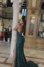 Zerlina - Emerald Patterned Sequin Gown with Side Slit & Lace Up Back Alamour the Label