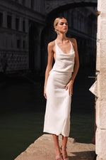 Shyla - White Sequin Dress with Cowl Neckline and Diamante Chain Accent Alamour the Label