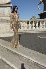 Nicola - Gold Halterneck Backless Sequin Gown with Open Plunge Neck Alamour the Label
