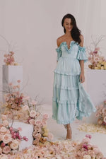 Belle Blue Satin Midi Dress with Off-Shoulder Sleeves Alamour the Label