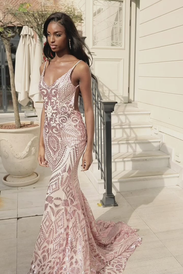 Mariana - Pink Patterned Backless Sequin Gown with V-Neck & Train Alamour the Label