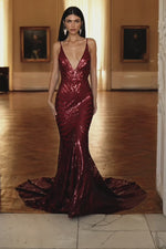 Justina - Burgundy Sequin Gown with Plunge Neck, Low Back & Train Alamour the Label