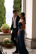 Ingrid - Navy Satin Gown with Sheer Boned Bodice and Side Slit Alamour the Label