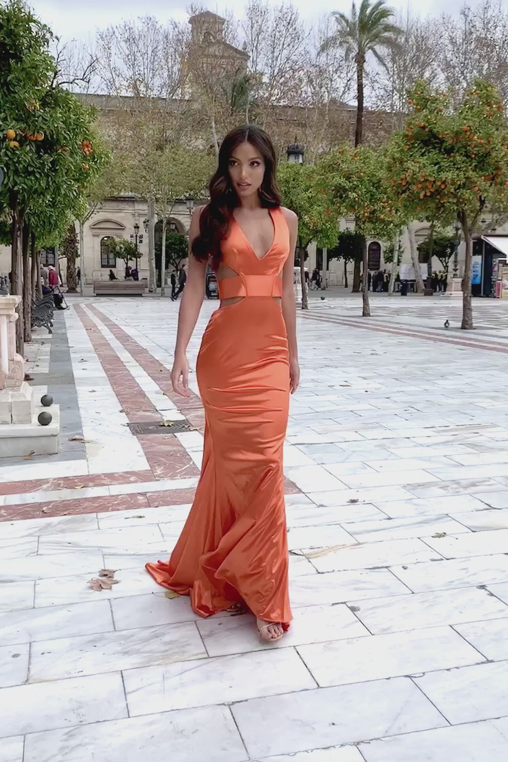 Alondra - Orange Satin Mermaid Gown with Plunge Neck & Cut Out Details
