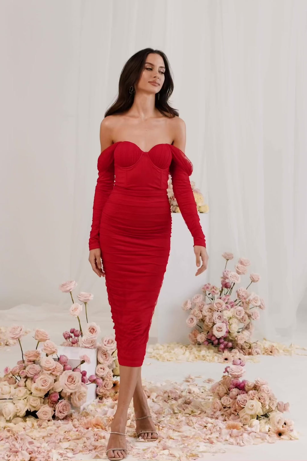 Jourdan Red Bodycon Midi Dress with Long Off-Shoulder Sleeves Alamour the Label
