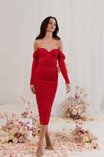 Jourdan Red Bodycon Midi Dress with Long Off-Shoulder Sleeves Alamour the Label