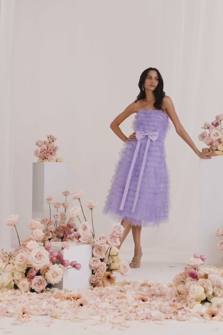 Tiana Lilac Tulle Strapless Midi Dress with Bow Belt Alamour the Label