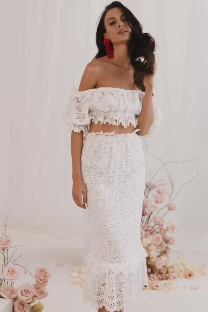Mina White Lace Set with Off-Shoulder Sleeves Alamour the Label