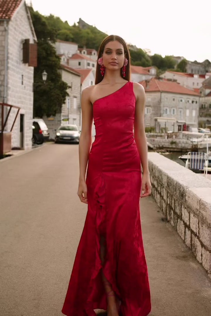 Mirela Red Satin Maxi Gown with Side Slit Alamour the Label
