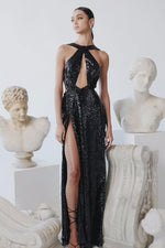 Vittoria Black - Black Sequin Backless Gown with Plunge Neckline Alamour the Label