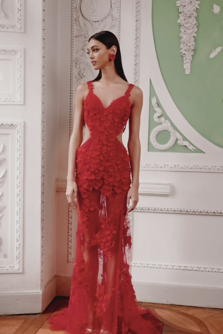 Fiorenza Red - Red Sheer Floral Gown with Side Cut-outs and Open Back Alamour the Label