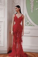 Fiorenza Red - Red Sheer Floral Gown with Side Cut-outs and Open Back Alamour the Label